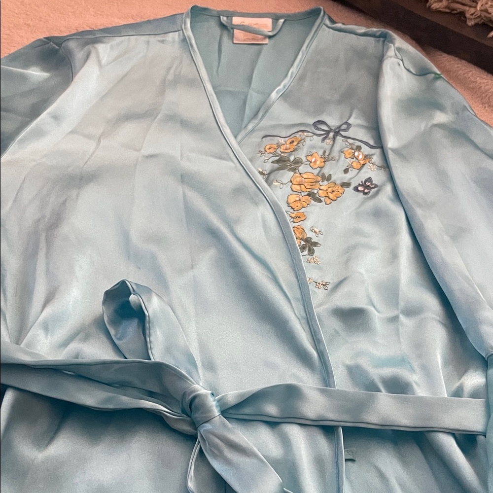 Secret Treasures Light Blue Satin Floral Wrap Robe